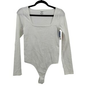 Abound Women's L/XL Ribbed Square Neck Long Sleeve White Bodysuit Thong